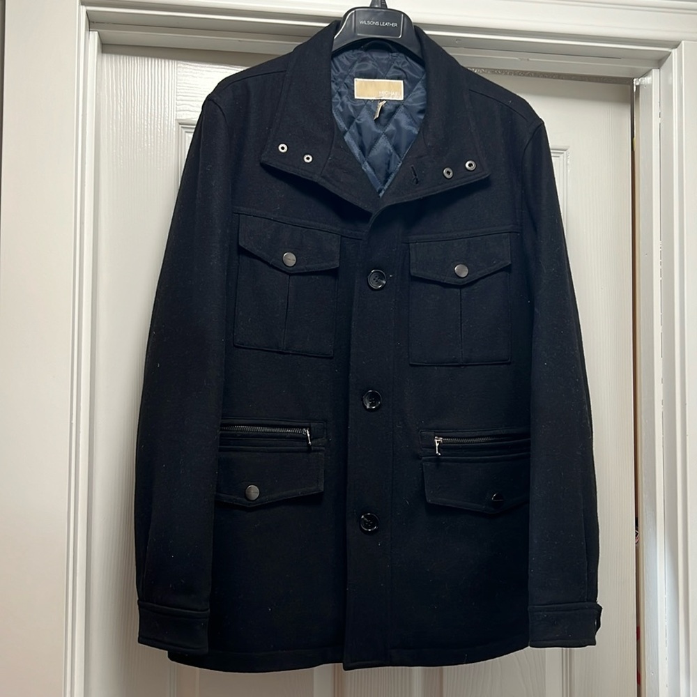 Michael Kors men black coat size Medium gently worn wool blend pea coat